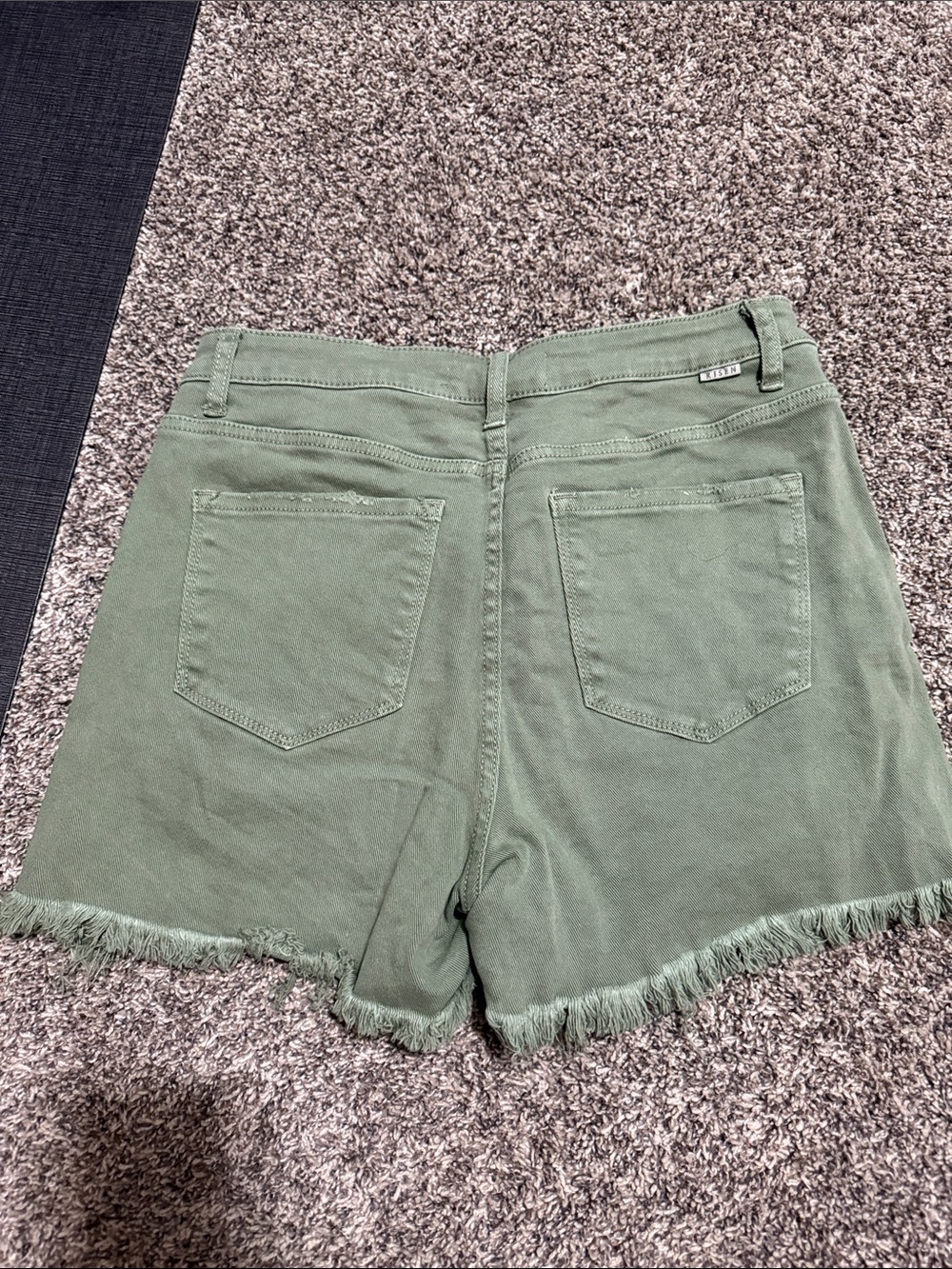 Women's Asymmetrical Olive Green Frayed Hem Denim Shorts - Picture 2 of 6